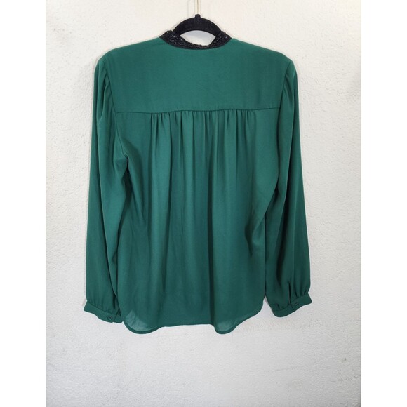 Collective Concepts Blouse Medium Green Sequin Trim Button Down Holiday Top M - Picture 4 of 8